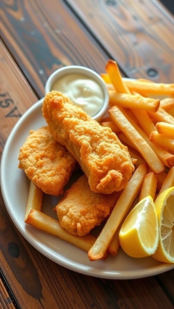 A serving of fish and chips with golden cod and crispy fries, garnished with lemon and tartar sauce.